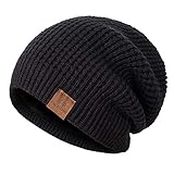 PAGE ONE Mens Beanie Hat Thick Fleece Lined Knit Hat Solid Cap Men Women(Black)