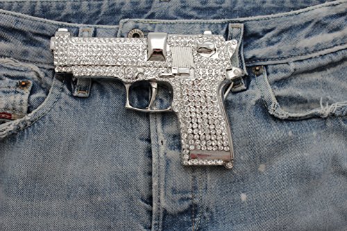 TFJ Men Hip Hop Fashion Belt Buckle Gun Pistol Handgun Iced Out Silver Color