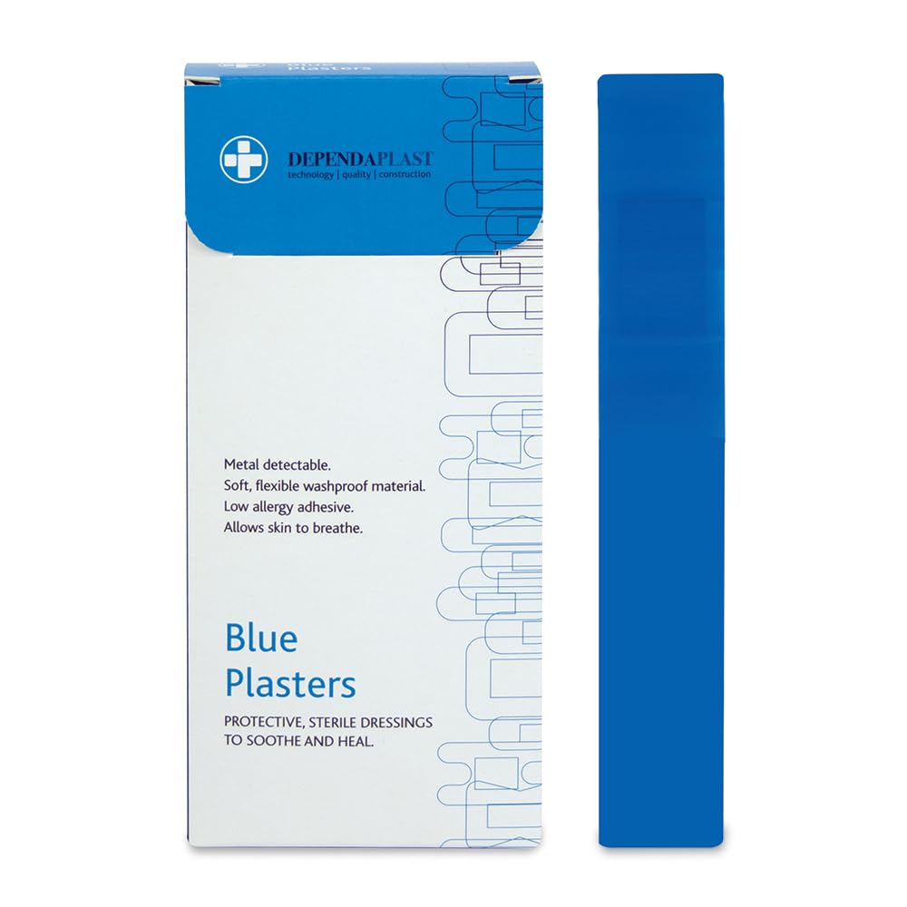 Dependaplast 50 Blue Finger Extension Plasters - 12 cm x 2 cm, Metal Detectable, Washproof, Visually Detectable, Food Safe