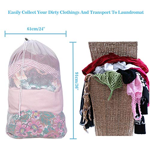 Commercial Large Mesh Laundry Bag (2 Mesh Available), Wanapure 2 Pack Heavy Duty Drawstring Bag with Cord lock and White Sturdy Thicker Mesh Material for Factories, College, Dorm, Storage (24''x 36'')