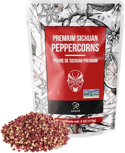 Soeos Sichuan Peppercorns, 4oz(113g), Authentic Szechuan Red Peppercorn, Numbing and Tingle Effect, Less Seeds, Strong Flavor, Essential for Mapo Tofu, Kung Pao Chicken and Asine Cusine