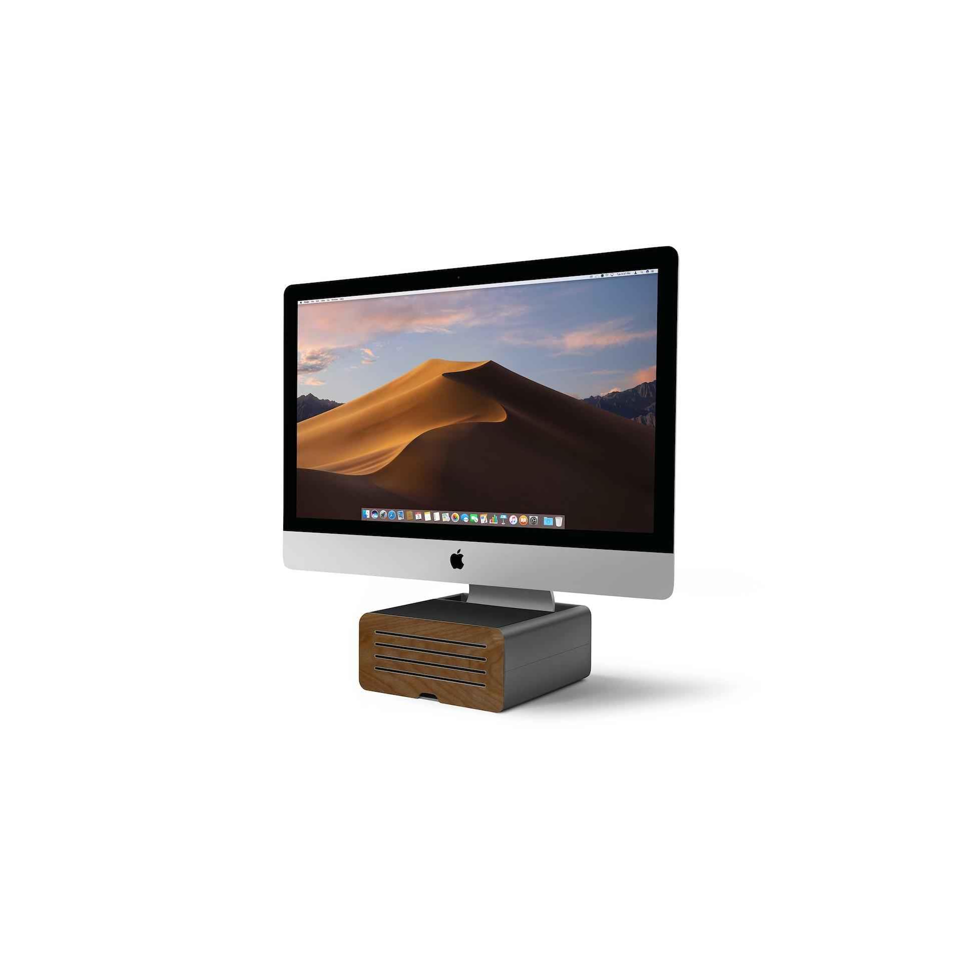 Twelve South HiRise Pro for iMac/Displays/Monitors | Height-adjustable stand w/storage, reversible front + leather inlay, grey