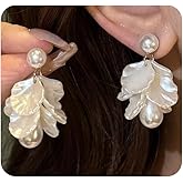 White Flower Dangle Earrings for Women,Gracefule Long Pearl Drop Earrings, Trendy Gold Dangling Earring,Dainty Petal Earring Brides Floral Jewelry