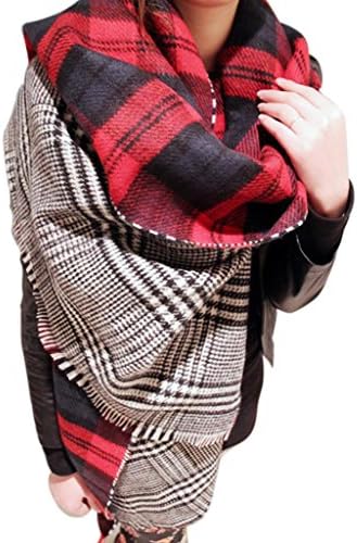 Tangpan Women Thick Knitted Winter Warm Infinity Scraf Red and Black Plaid