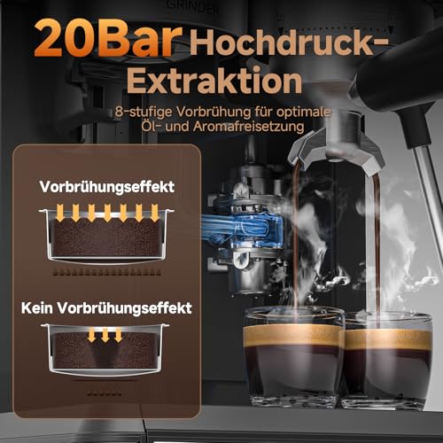 AMZCHEF Portafilter Machine with Grinder, 20 Bar Espresso Machine for Home with Milk Frother, 3 Temperature Levels, 20 Grinding Levels, Cold & Hot Brewing, Touchscreen Display