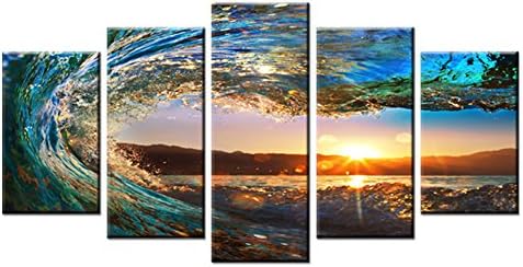 5 Panels Rolling Wave Painting Seascape Canvas Painting Wall Art Picture Print Giclee Artwork with Stretched And Framed For Home Decor (30x50cmx2pcs 30x65cmx2pcs 30x80cmx1pcs)