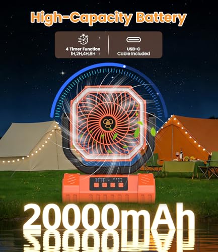 Portable Camping Fan with LED Light USB Rechargeable Fan 20000mAh - Battery Operated Silent Fan for Tent Travel Office Car - Mini Portable Fan with Hook and Base