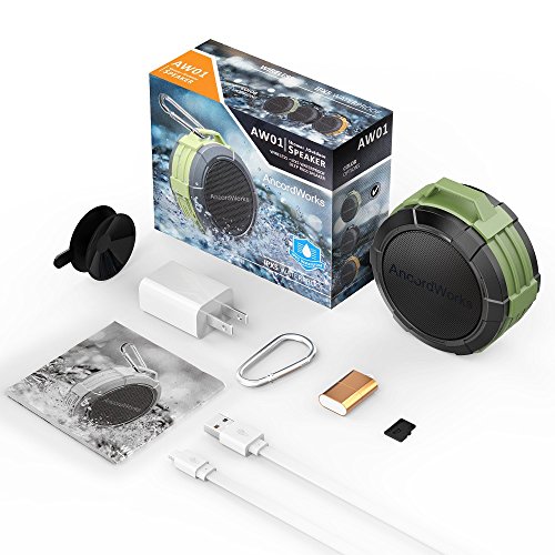 Bluetooth-shower-speaker-by-AncordWorks-5W-Driver-23-Hours-Playtime-with-8G-TF-CardCard-ReaderSuction-CupClip-CarabinerDC-Charger-Army-Green