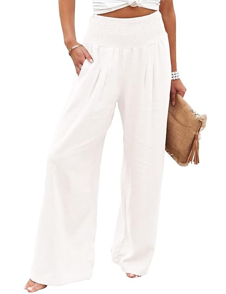 SKIKYAN WOMEN CASUAL WIDE LEG PALAZZO PANTS COTTON LINEN HIGH WAISTED LONG PANTS SMOCKED LOUNGE TROUSERS WHITE