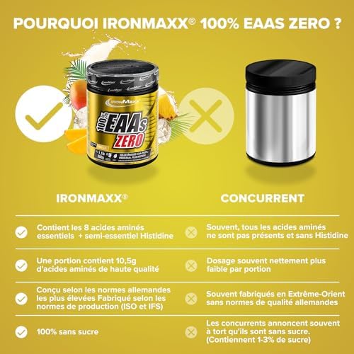 – EAAs Zero en Poudre – Tropical 500 g – EAA Zéro Sans Sucre, Complément EAA pour Sport & Nutrition