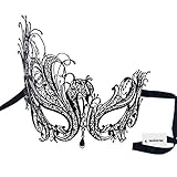 Signstek Metal Laser Cut Filigree Masquerade Venetian Party Mask, Black/Clear Stones