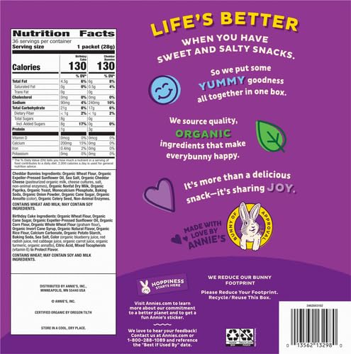 ANNIE’S ORGANIC BIRTHDAY CAKE BUNNY GRAHAMS AND CHEDDAR BUNNIES SNACK PACK 36 COUNT, 36 OZ