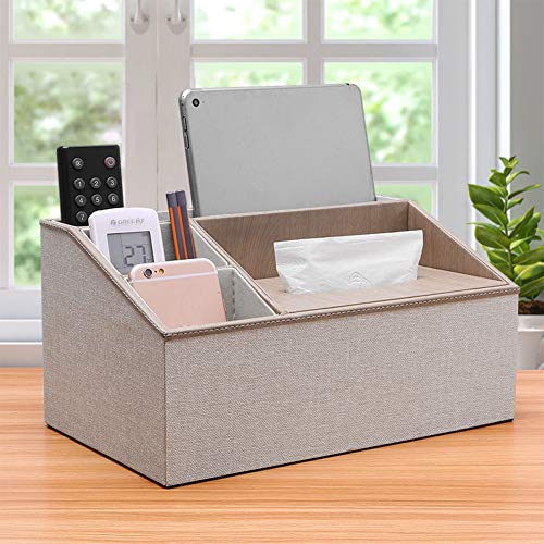 Aoile Multifunction PU Leather Remote Control Tissue Box Cover Holder Desk Storage Box Container for Home and Office Use Light Gray Linen