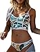 Women Leaf Print Crop Tops Bikini Swimwear Print Zipper Bathing Suits