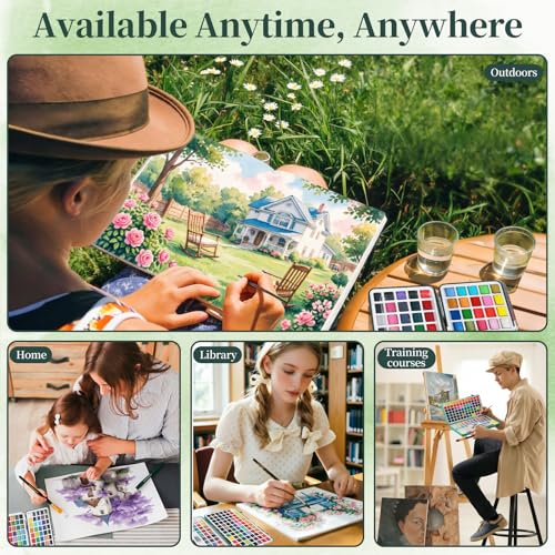 Water Colors Paint Set,Travel Watercolor Painting Set with Metal Case,Watercolor Painting Set Includes Brushes,Palette,8 Sheets of Watercolor Paper,Suitable for Beginners,Artists (128 colors)