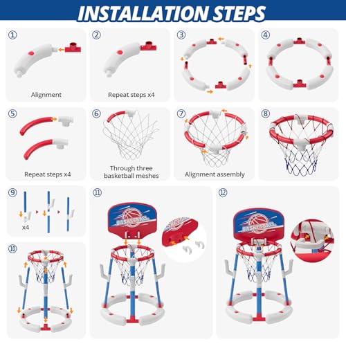 2 in 1 Pool Basketball Hoop Set with Backboard & Ring Toss Game, Floating Water Basketball Game with 4 Balls, 8 Rings & Pump, Summer Outdoor Swimming Pool Toys Gifts for Adults Kids Teens, Red