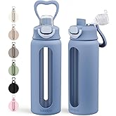 Glass Water Bottle with Silicone Sleeve 24oz with Lid, Motivational Time Marker, Drinking Hydration Glass Bottles for Men Women, Gym Travel Sports (Blue)