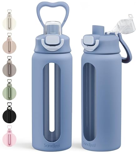 Amazon.com: SANDJEST Glass Water Bottle with Silicone Sleeve 24oz with Lid,  Motivational Time Marker, Drinking Hydration Glass Bottles for Men Women,  Gym Travel Sports (Blue) : Sports & Outdoors