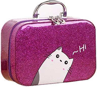 Centralocker PU leather Waterproof Portable Beauty Box Handle Cosmetic Pouch Travel Toiletry Bag With Mirror Top Zipped Organizer Makeup Case Purple