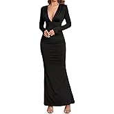 VKIHOC Long Sleeve Maxi Dress Deep V Neck Ruched Bodycon Elegant Semi Formal Wedding Guest Dresses for Women 2025