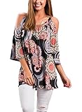MICHEN Women Casual Loose 3/4 sleeve Cold Shoulder Floral Print Top Blouses(L,Black)