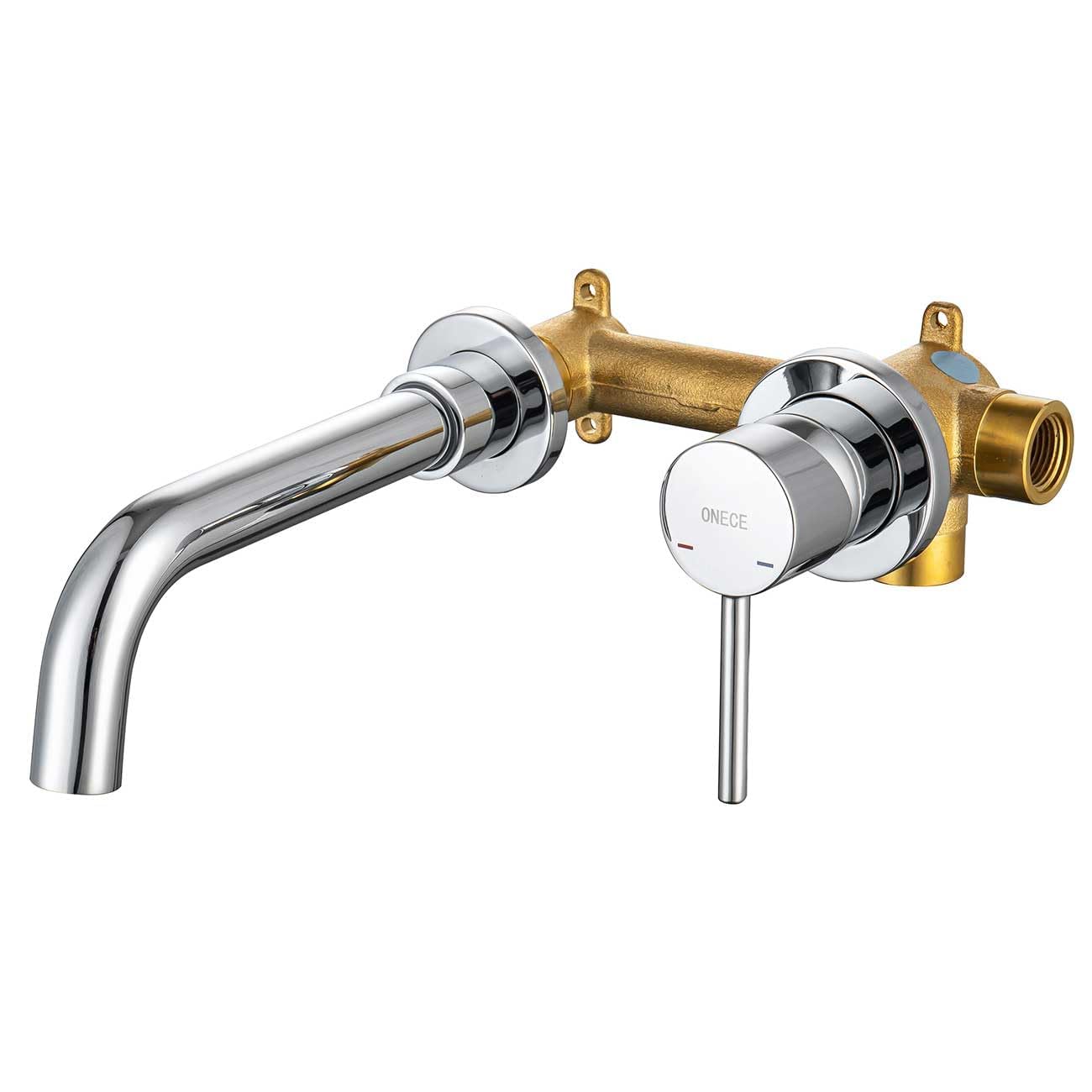 ONECE Bathroom Faucet for Wall Mounted, Brass Basin Mixer Tap, 360° Rotatable Wall Tap, Bathroom Recessed Faucet with Single Handle, Ceramic Valve Core, Replaceable Aerator, Chrome