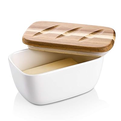 DOWAN Porcelain Butter Dish with Lid, Airtight Butter Container Large Butter Dish, Bread-shape Butter Dish with Cover, White