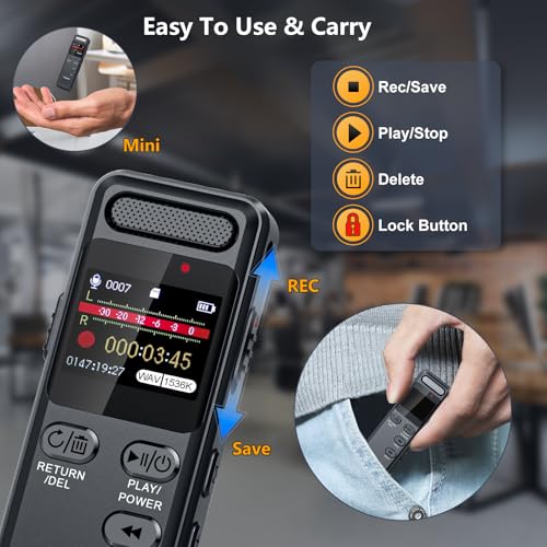 80GB Voice Recorder 100 Hours Continuous Recording, Ponovo Professional Voice Activation Recorder 1536Kbps with MIC, 1100mAh Mini Audio Recorder with Password for Interviews Meetings