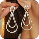 Sparkly Silver Rhinestone Dangle Earrings for Women Colorful AB Cubic Zirconia Teardrop Statement Earring Trendy Hollow Crystal Jewelry Bling CZ Accessories