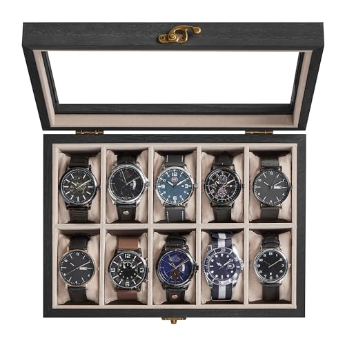 SONGMICS Watch Box, 10-Slot Solid Wood Watch Case Organizer with Glass Lid, Display Case with Removable Pillows, Gift for Loved Ones, Ebony Black UJOW100B01