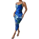 LIGHT DOT Women's Spaghetti Strap Printed Bodycon Ruched Midi Cocktail Dress Sexy Cowl Neck Tie Dye