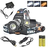 Boruit Super Bright Adjustable LED Headlamp Rechargeable 3 Modes Include Yellow Light for Camping, Running,Hiking, Reading, Cycling,with 2*18650 Rechargeable Batteries+AC Charger+Car Charger+USB Cable