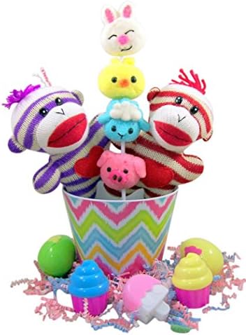 Striped Sock Monkey Easter Basket with Cupcake Shape Eggs and Sucker
