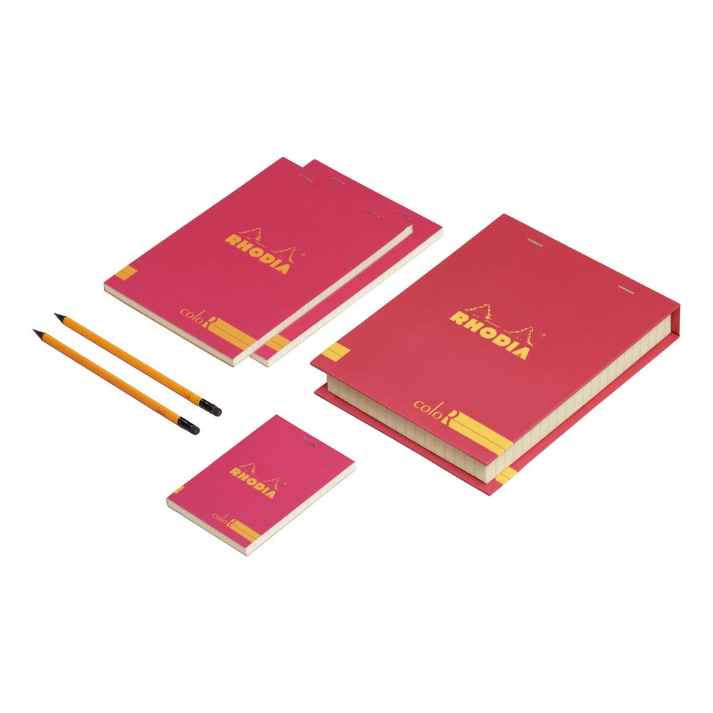 RHODIA 92972C - Colour Box of 3 Raspberry Stapled Pads 1xN°12, 2xN°16 - 22.8x18 cm - Ruled - 70 Detachable Sheets - Ivory Clairefontaine Paper 90G - Velvety Touch Cover - Basics