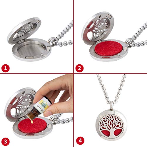 Wild Essentials Tree of Life Essential Oil Diffuser Necklace Gift Set - Includes Aromatherapy Pendant, 24" Stainless Steel Chain, Refill Pads and 1 Bottle of Inner Calm 100% Essential Oil