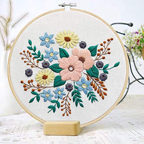 Full Range of Embroidery Starter Kit with Pattern,UNIME Cross Stitch Kit Including Embroidery Cloth with Plant Pattern, Bamboo Embroidery Hoop, Color Threads and Tools Kit (Flowers)