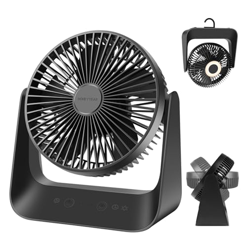 Table Fan with Temperature Control, 5000mAh USB Fan, 5 Speed Levels Including Sleep Mode, Rechargeable Battery Operation, with LED Light & Hook, for Home, Office, Travel, Camping