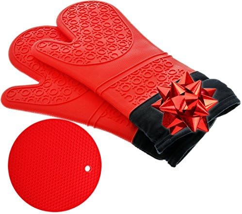 New Silicone Oven Mitt Set, 2 Professional Oven Mitts Extra Long with Commercial Grade Silicone &amp; Quilted Cotton Interior for Triple Protection &amp; Comfort, Long Kitchen Oven Gloves PLUS Trivet