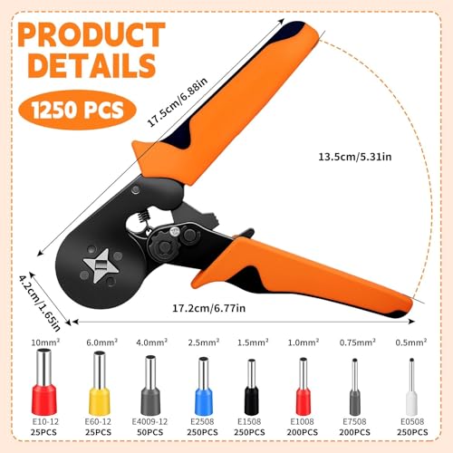 Crimping Tool Electrical Terminals with 1250 Pieces Terminals, Self-Adjusting Crimping Tool with Ratchet 0.25-10 mm², Professional Crimping Pliers, Electrician Tool Kit for Electrical Cables