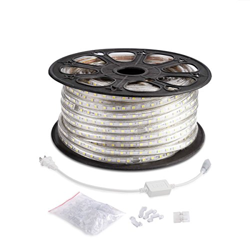 LE 164ft/50m Flexible LED Light Strip, 3000 Units SMD 5050 LED, 6000K Daylight White, 720lm/m, 110-120V AC, Waterproof IP65, Accessories Included, LED Tape, Rope Lights, Christmas Holiday Decoration