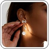 Yheakne Vintage Crystal Bow Stud Earrings Rhinestone Chandelier Drop Earrings Silver Cz Tassel Chain Dangle Earrings Cz Bowknot Ear Jacket Earrings Jewellery for Women