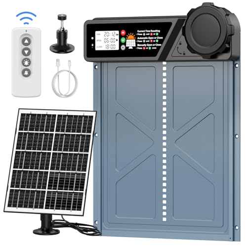 CHAMUTY Große Automatische Hühnerklappe Solar, Elektrische Hühnerklappe Automatisch mit Timer, 7W Solarpanel, LCD Display, Fernbedienung, Automatische