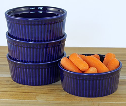 ITI Ceramic Stackable Baking Ramekins / Condiment Sauce Cups with Pan Scraper, Medium / Large, 4-Pack (6 Ounce, Cobalt Blue)