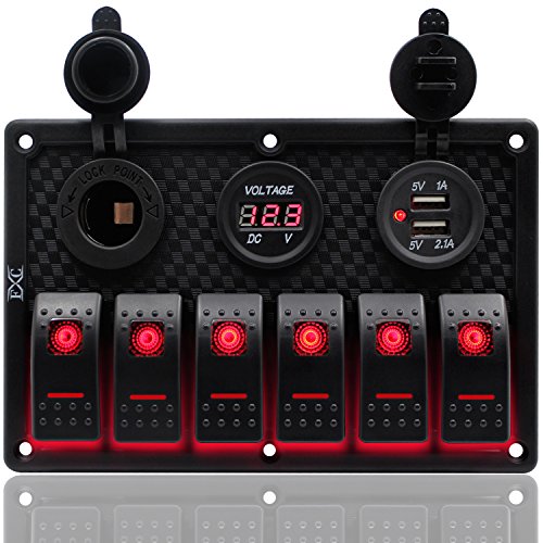 FXC Waterproof Marine Boat Rocker Switch Panel 6 Gang With Dual USB Slot Socket + Cigarette Lighter + Digital Voltage Display LED Light for Car Rv Vehicles Truck (6 Gang Red Light)