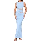 EYNMIN Lace Long Formal Wedding Guest Dress Cut Out Boat Neck Sleeveless Ruched Bodycon Maxi Dresses for Women