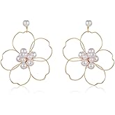 Bohemian Pearl Drip Dangle Earrings for Women, Chic White Hollow Flower Earrings Vacation Jewelry