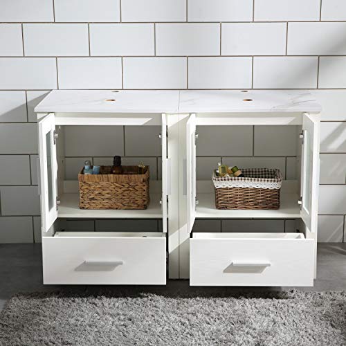 48" Double Sink Bathroom Vanity Cabinet White Marble Pattern Top w/Mirror Faucer & Drain (Ceramic Sink) - Thumbnail 5