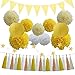 33pcs Party Decoration Supplies Set, Yellow Tissue Paper Pom Poms Flowers Paper Lanterns Tassels Hanging Garland Banner Triangle Flag Bunting for Birthday, Bridal, Baby Shower, Wedding Graduation