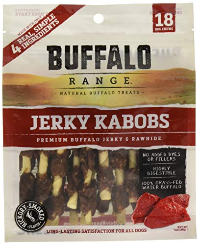 Buffalo Range Rawhide Dog Treats | Healthy, Grass-Fed Buffalo Jerky Raw Hide Chews | Hickory Smoked Flavor | Jerky Kabob, 18 Count