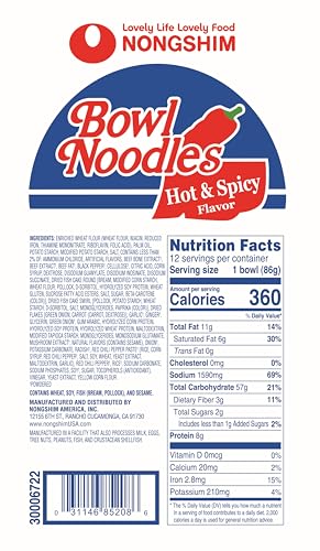 NONGSHIM RAMEN NOODLES, GOURMET INSTANT RAMEN BOWL, PREMIUM MICROWAVABLE NOODLE SOUP, HOT & SPICY, 3.03 OUNCE (PACK OF 6)